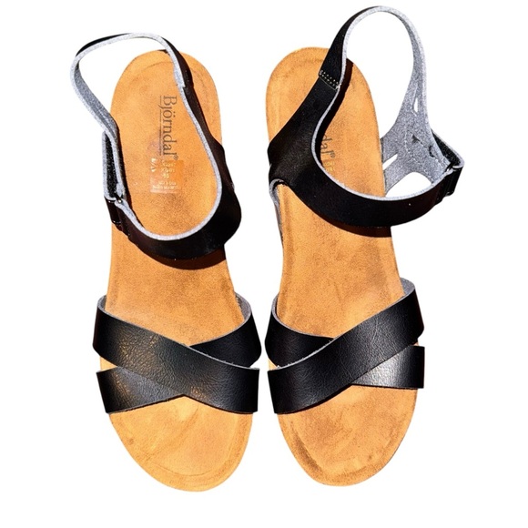 BJORNDAL Kori Black Crisscross Cork Sole Strappy Wedge Sandals Size 10 - Picture 4 of 13